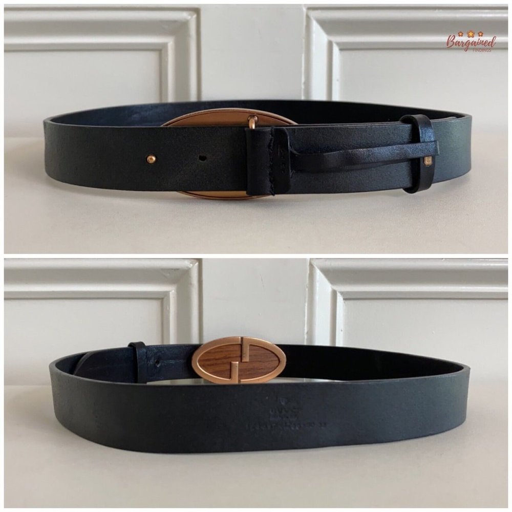Authentic Gucci Vintage Black Leather Bronze Interlocking G Wood Belt 80/32 - Picture 6 of 12